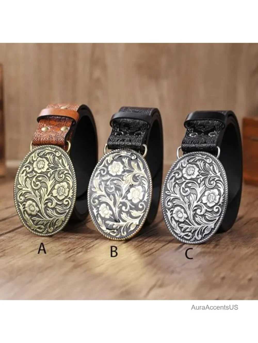 Western PU Leather Cowboy Belt with Vintage Flower Buckle - Women Men
